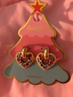 Packed Party Gold Heart Hoop Earrings with Pink, Red, Blue & Purple Gems